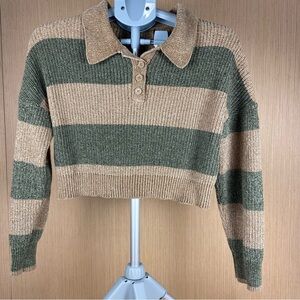 Cropped Chenille Striped Polo Sweater Green Tan